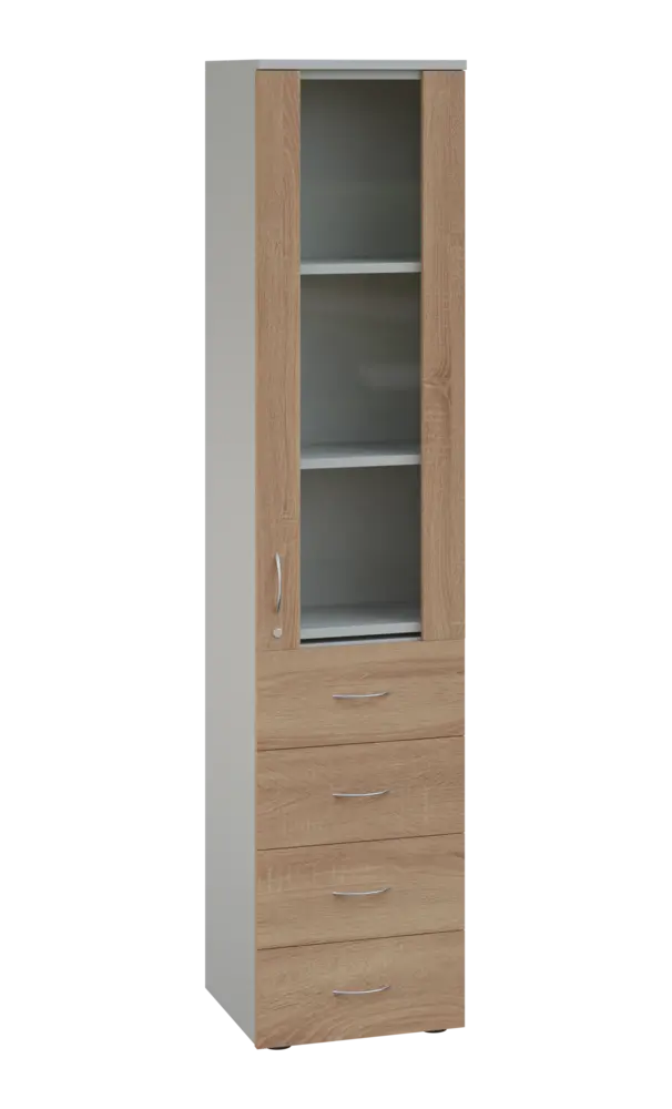 LE - 44 skříň léková prosklená, pravá, korpus šedý, dvířka dub bardolino